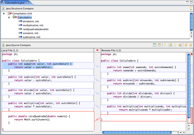 Eclipse revela as diferenças entre o código local e o armazenado no CVS.